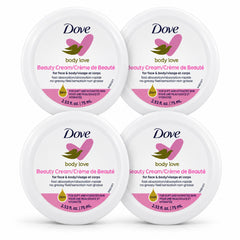 Four round white tubs of Dove Body Love Beauty Cream arranged in a 2x2 grid on a white background.