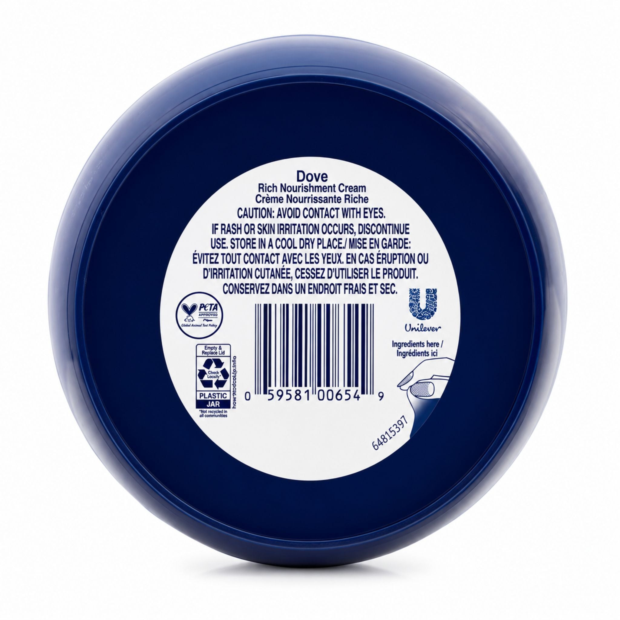 The back of a round dark blue plastic jar of Dove Rich Nourishment Cream, featuring a white label with product information, barcode, and Unilead France logo.