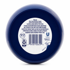 The back of a round dark blue plastic jar of Dove Rich Nourishment Cream, featuring a white label with product information, barcode, and Unilead France logo.