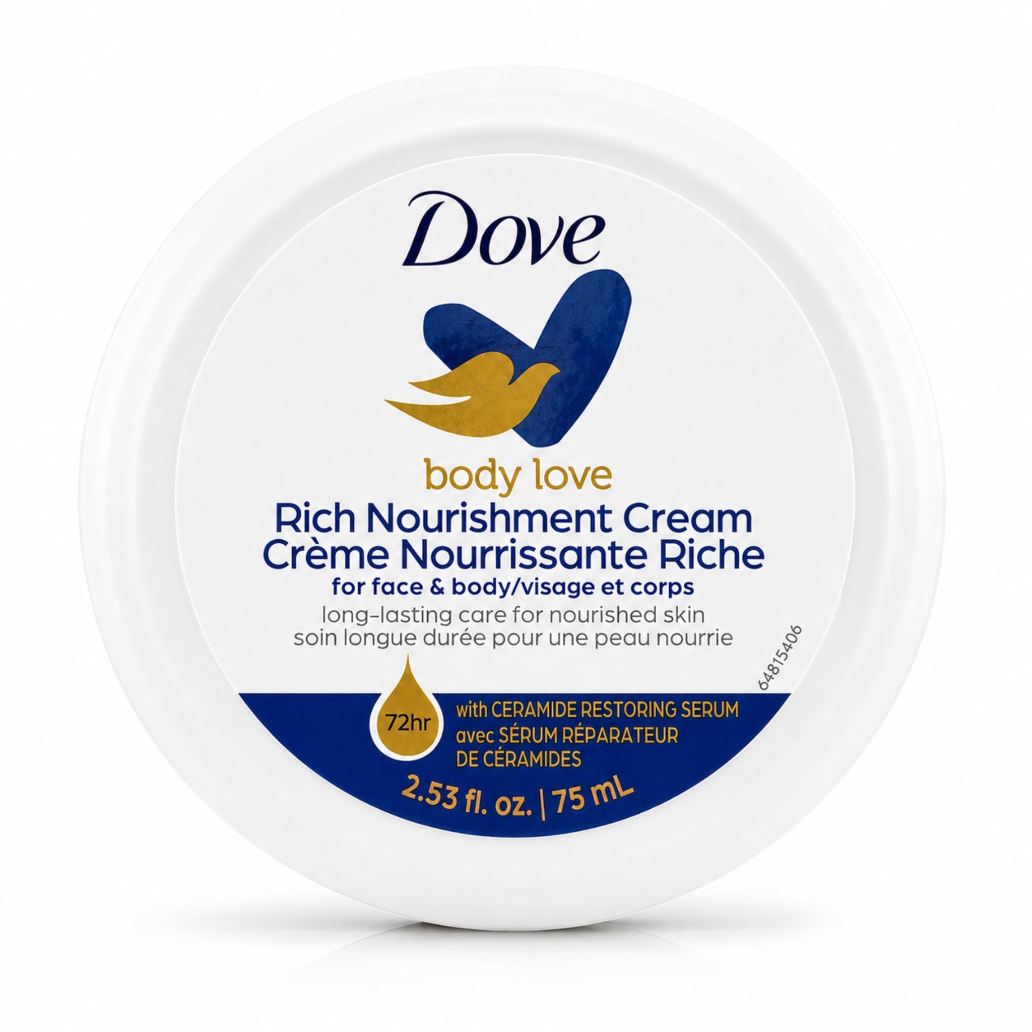 Dove Rich Nourishment Cream in a round white plastic jar with a white lid label, featuring the blue and gold Dove logo and product details.