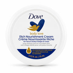 Dove Rich Nourishment Cream in a round white plastic jar with a white lid label, featuring the blue and gold Dove logo and product details.