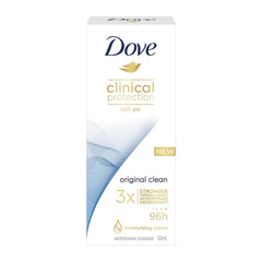 Dove Clinical Protection roll-on deodorant packaging on a white background