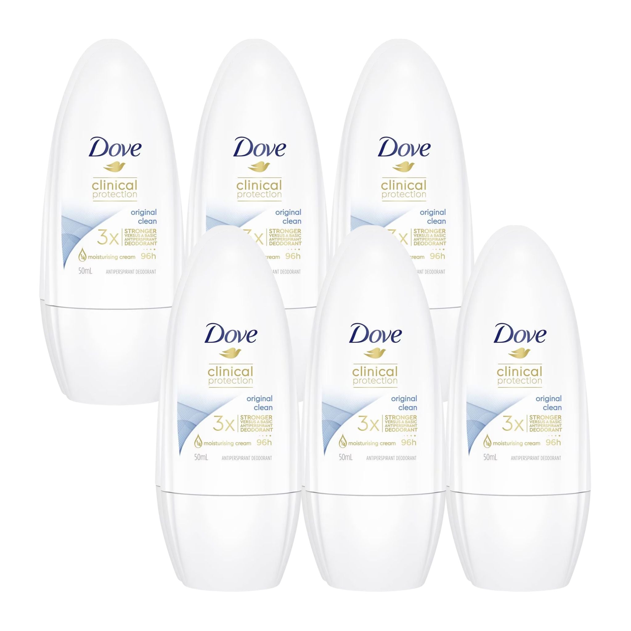 Five Dove Clinical Original Clean deodorant rolls on a white background