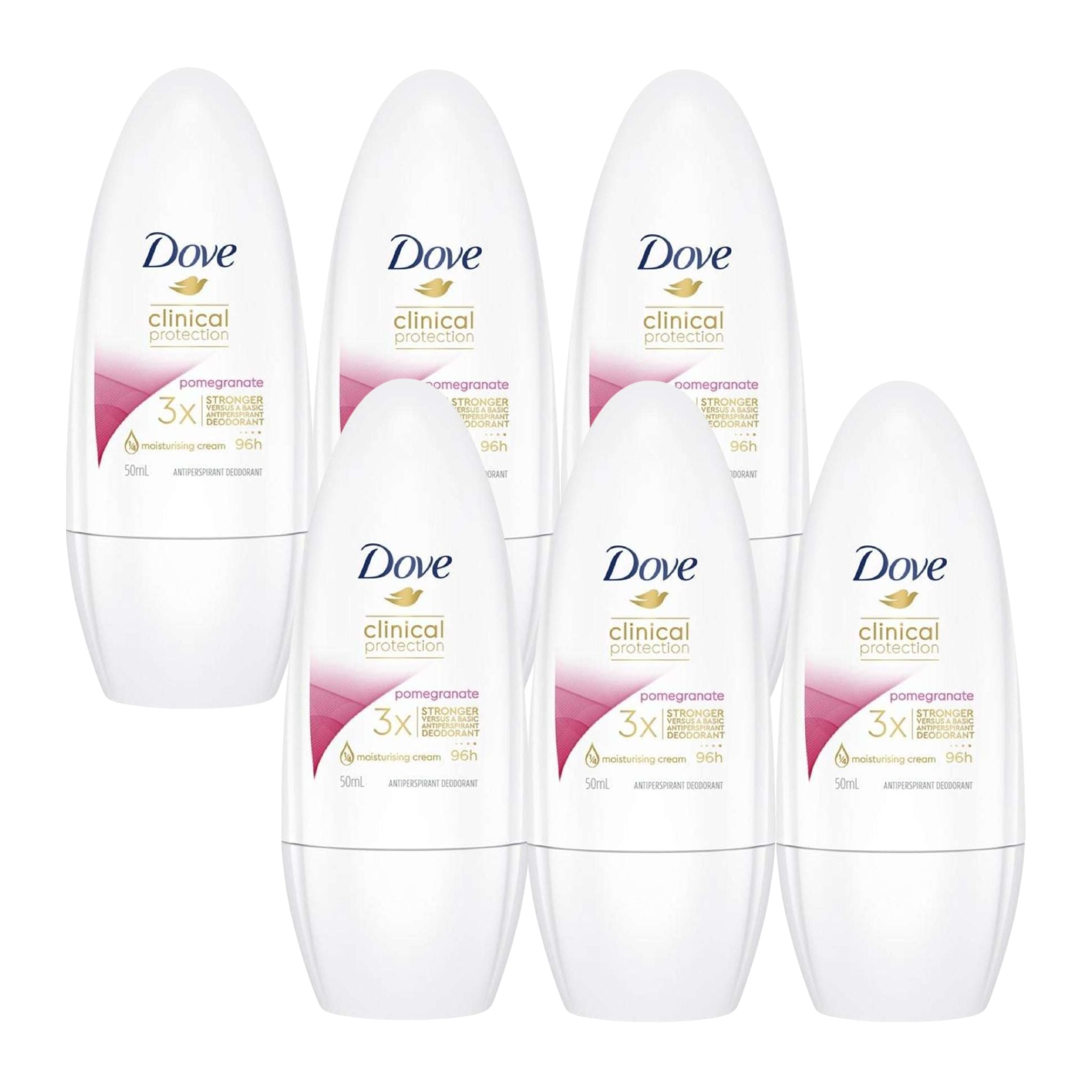 Five Dove Clinical Protection deodorant bottles on a white background