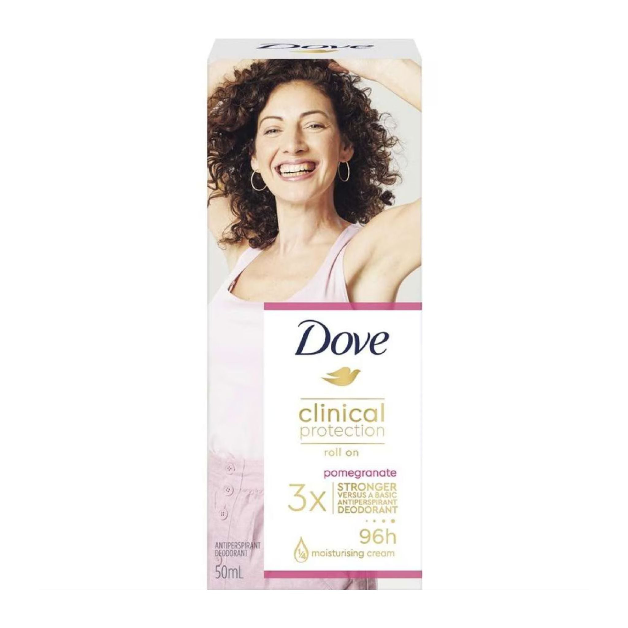 Dove clinical protection deodorant packaging with a woman's face on a white background