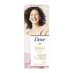 Dove clinical protection deodorant packaging with a woman's face on a white background
