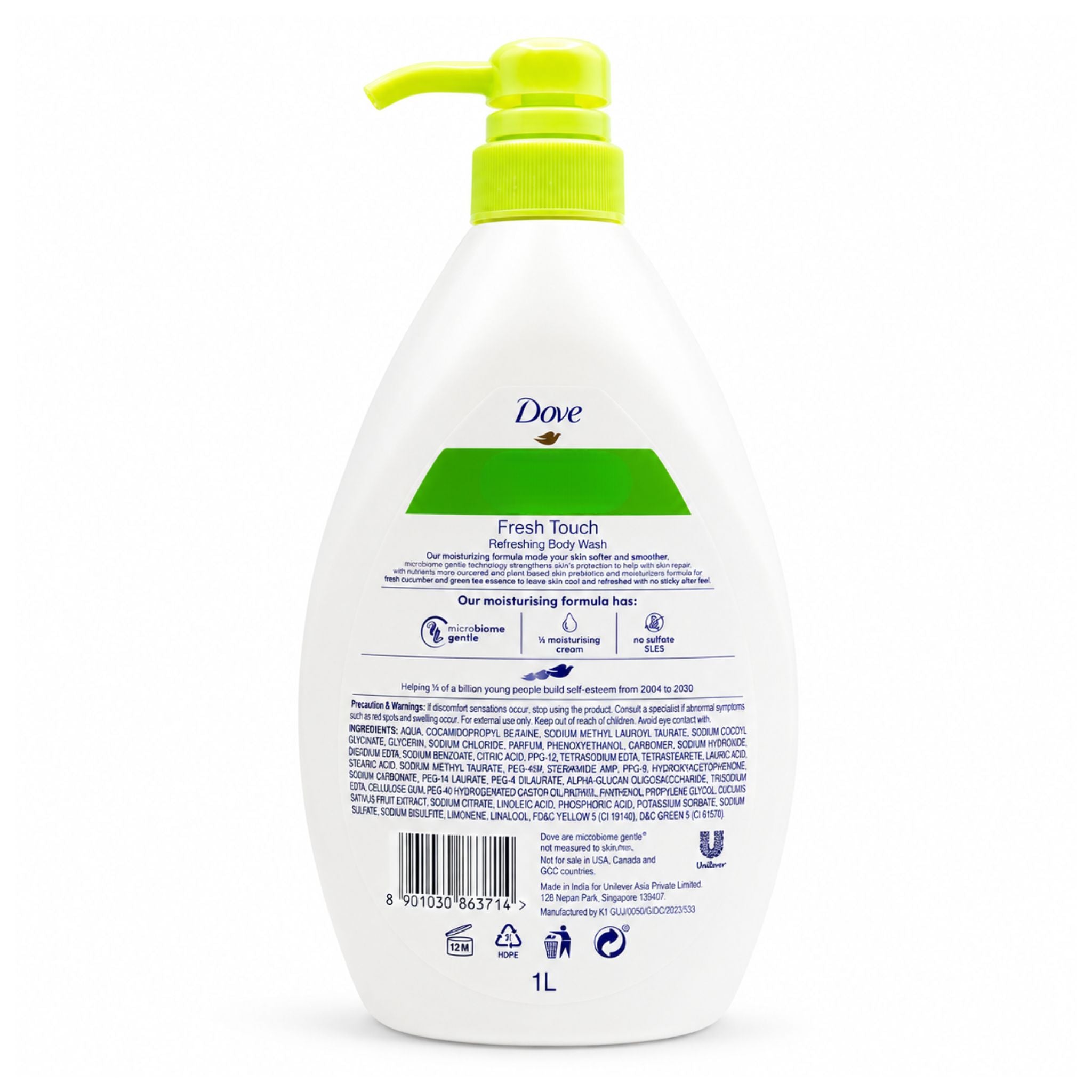 A 1L bottle of Dove Fresh Touch Restoring Body Wash, shown from the back to display the label and pump dispenser. The bottle is white with a bright lime green pump and a green and blue label.