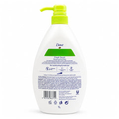 A 1L bottle of Dove Fresh Touch Restoring Body Wash, shown from the back to display the label and pump dispenser. The bottle is white with a bright lime green pump and a green and blue label.