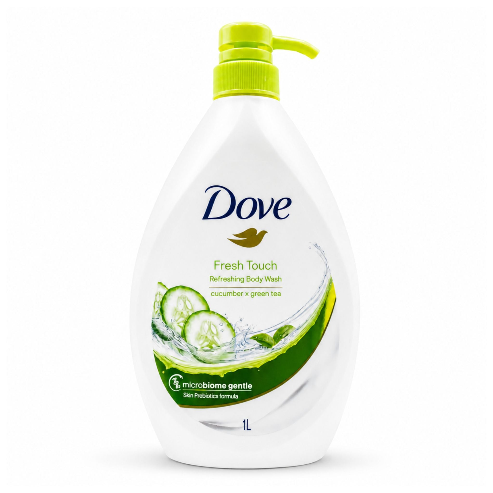A 1-liter bottle of Dove Fresh Touch Refreshing Body Wash with cucumber and green tea, featuring a white bottle, lime green pump, and green and blue label graphics on a white background.