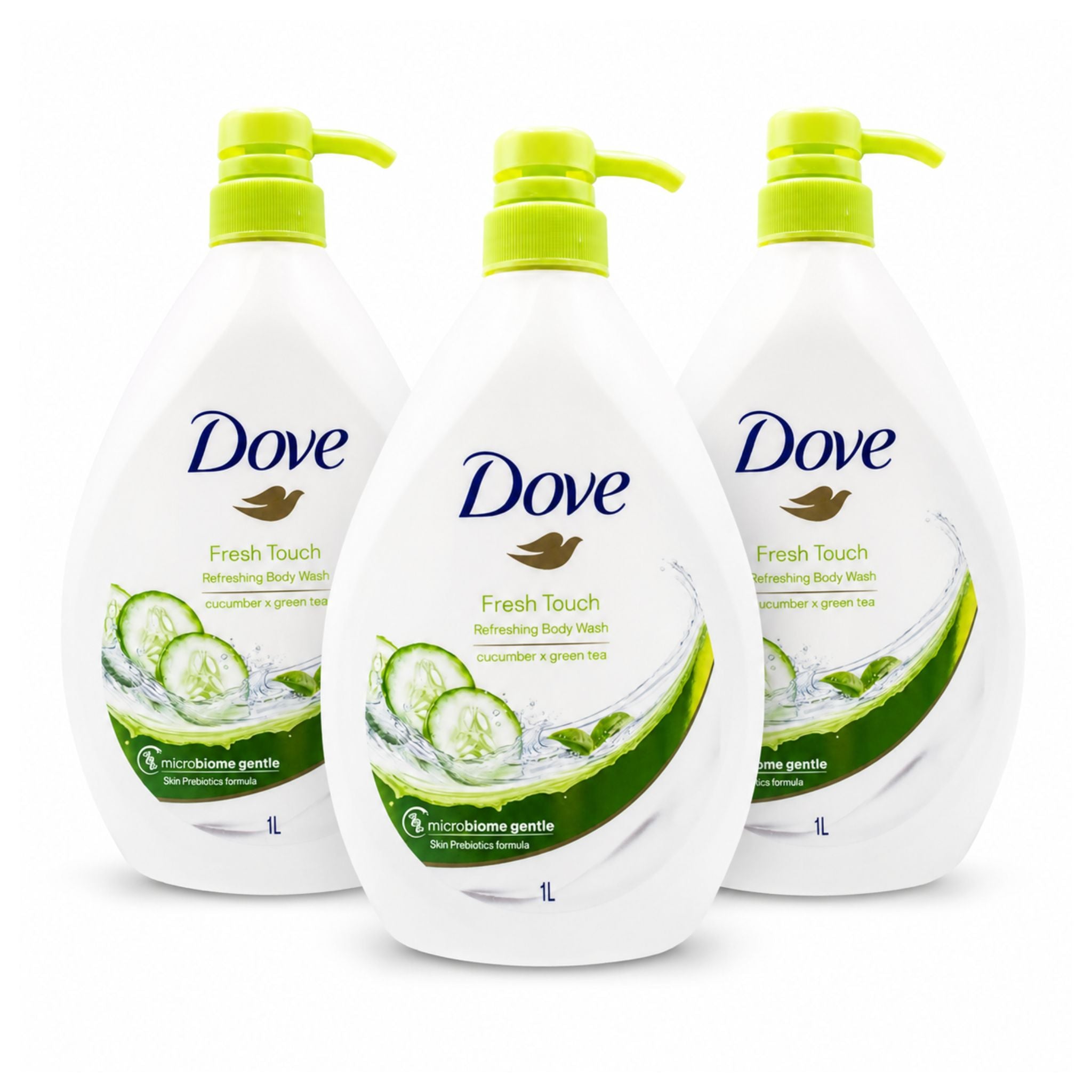 Three bottles of Dove Fresh Touch Refreshing Body Wash arranged in a triangular formation on a white background.