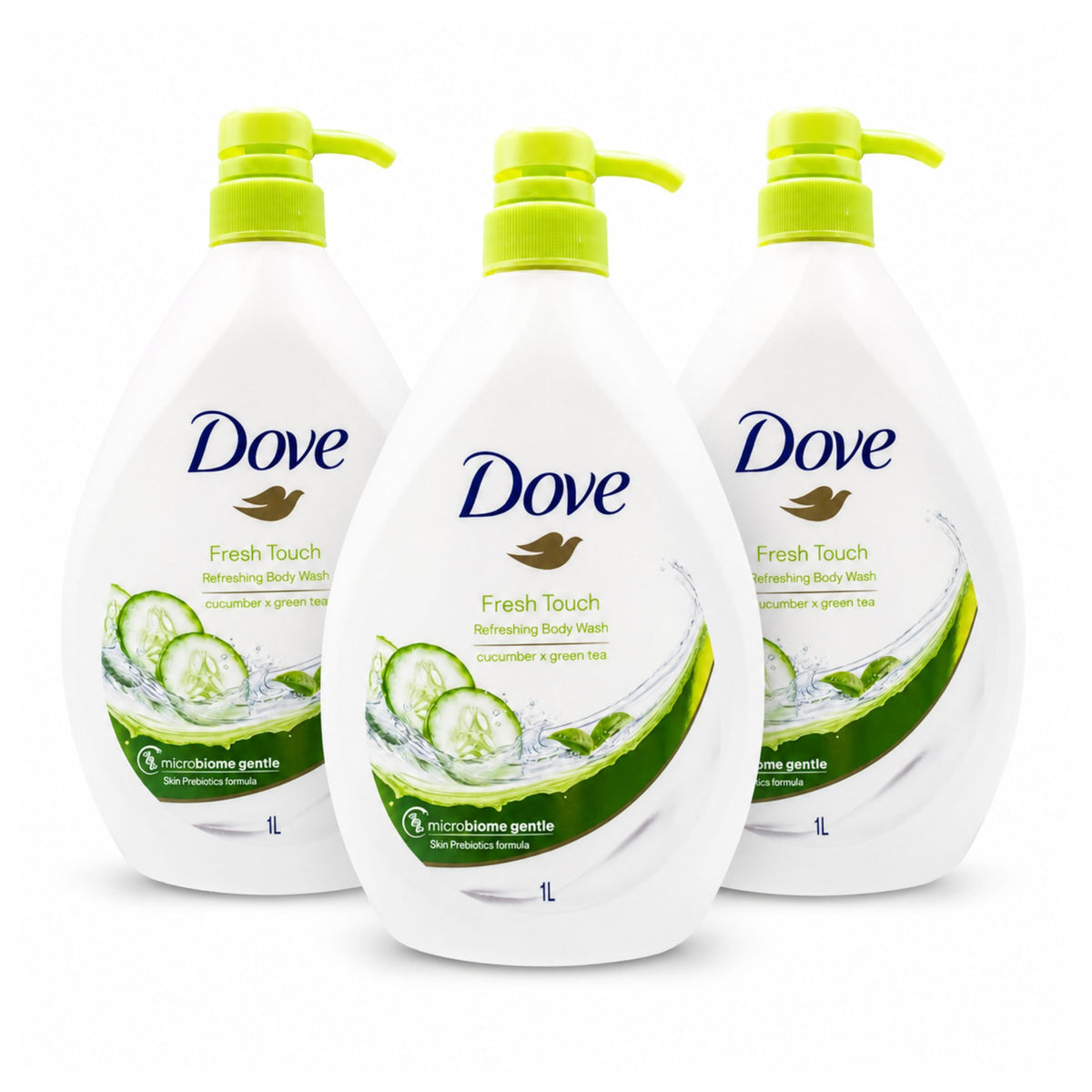 Three bottles of Dove Fresh Touch Refreshing Body Wash arranged in a triangular formation on a white background.
