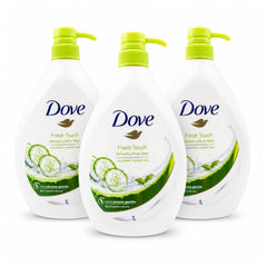 Three bottles of Dove Fresh Touch Refreshing Body Wash arranged in a triangular formation on a white background.