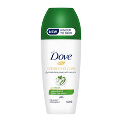 Dove deodorant bottle with green cap on a white background