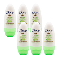Six Dove go fresh cucumber & green tea deodorants on a white background
