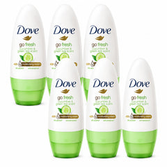 Four Dove go fresh cucumber & green tea deodorant bottles on a white background