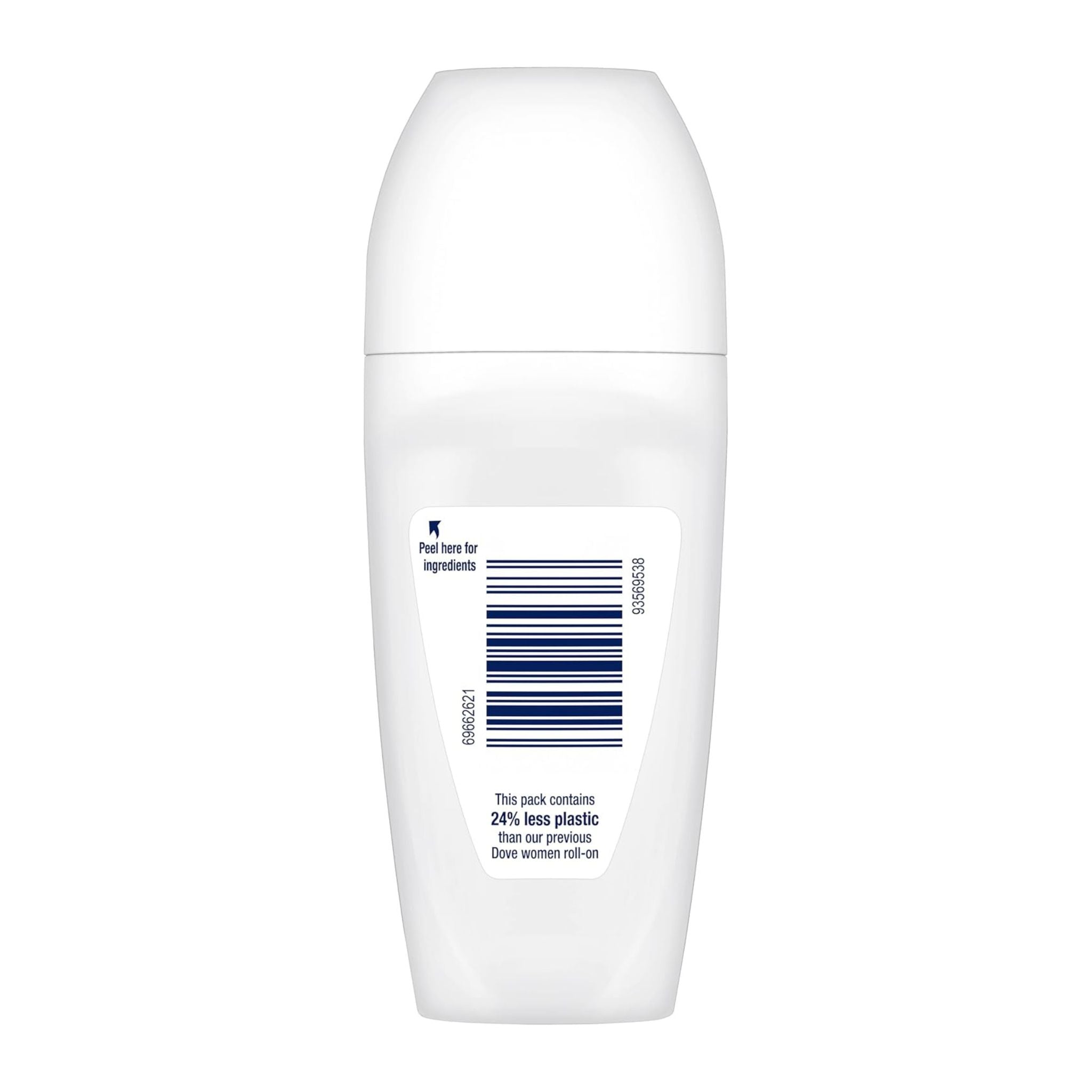 White roll-on deodorant bottle with a barcode label on a white background