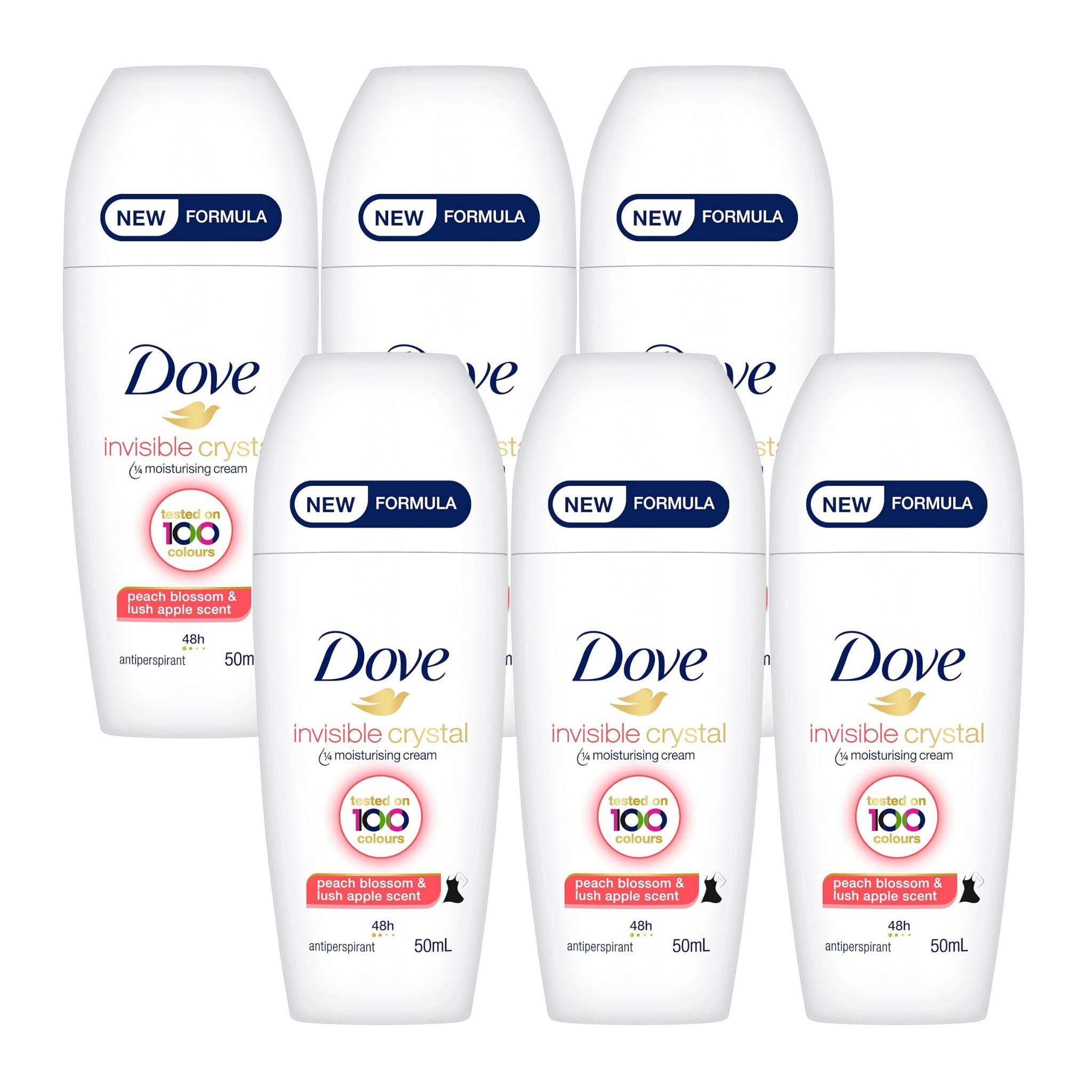 Six bottles of Dove Invisible Crystal deodorant on a white background