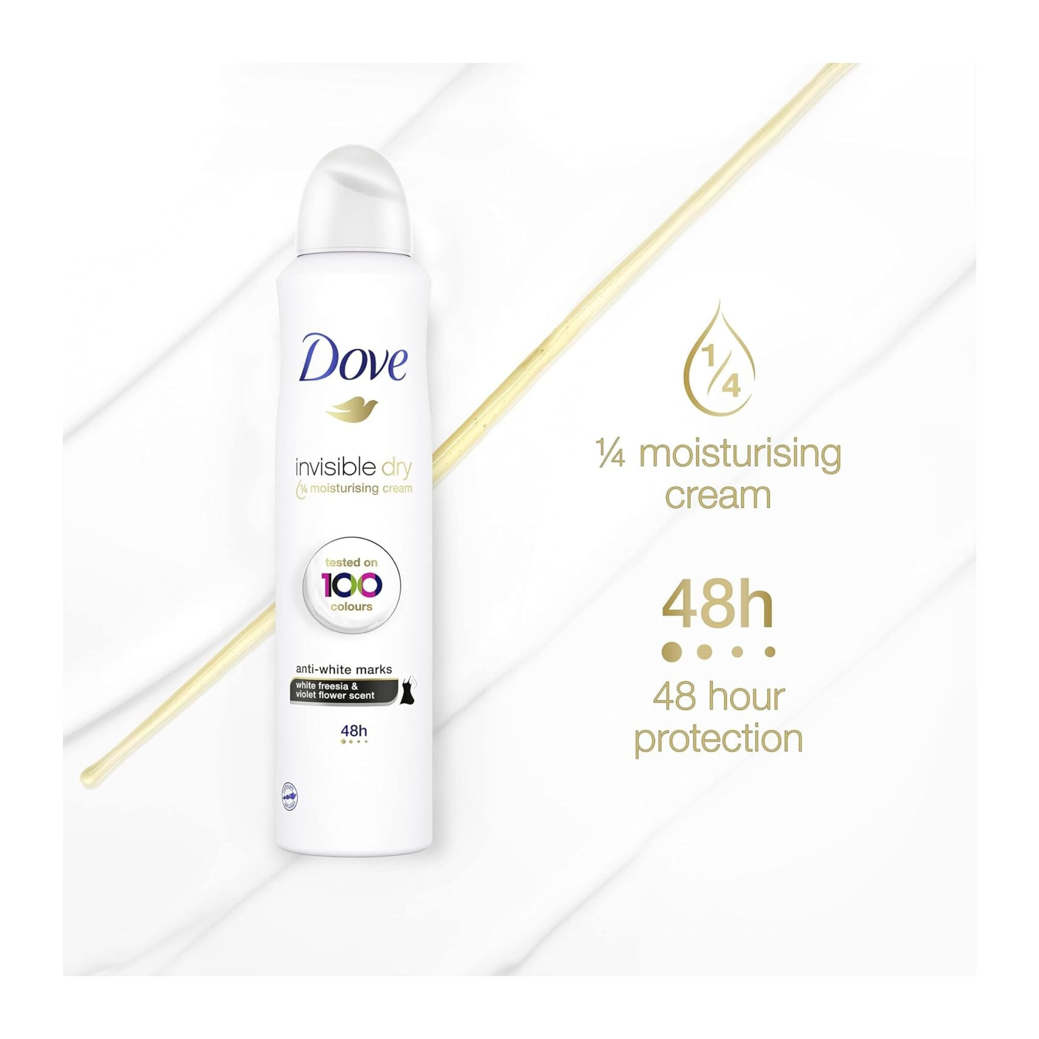 Dove invisible dry deodorant spray on a white background with product details.