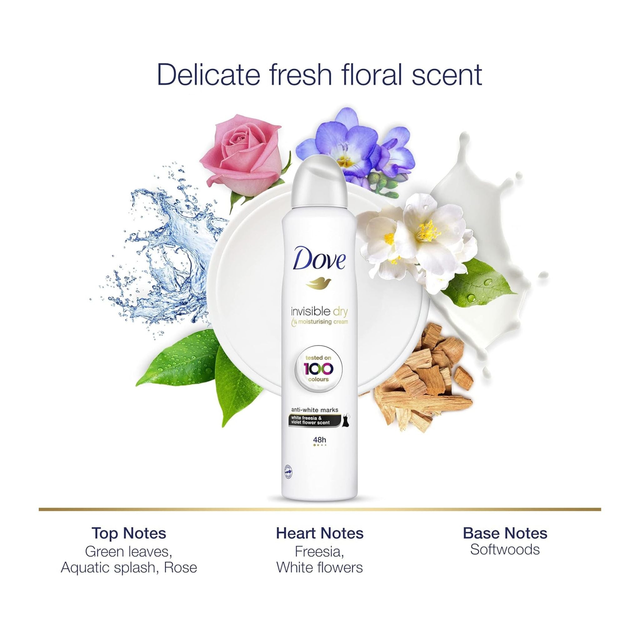 Dove invisible dry deodorant with floral elements and scent description on a white background