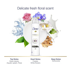 Dove invisible dry deodorant with floral elements and scent description on a white background
