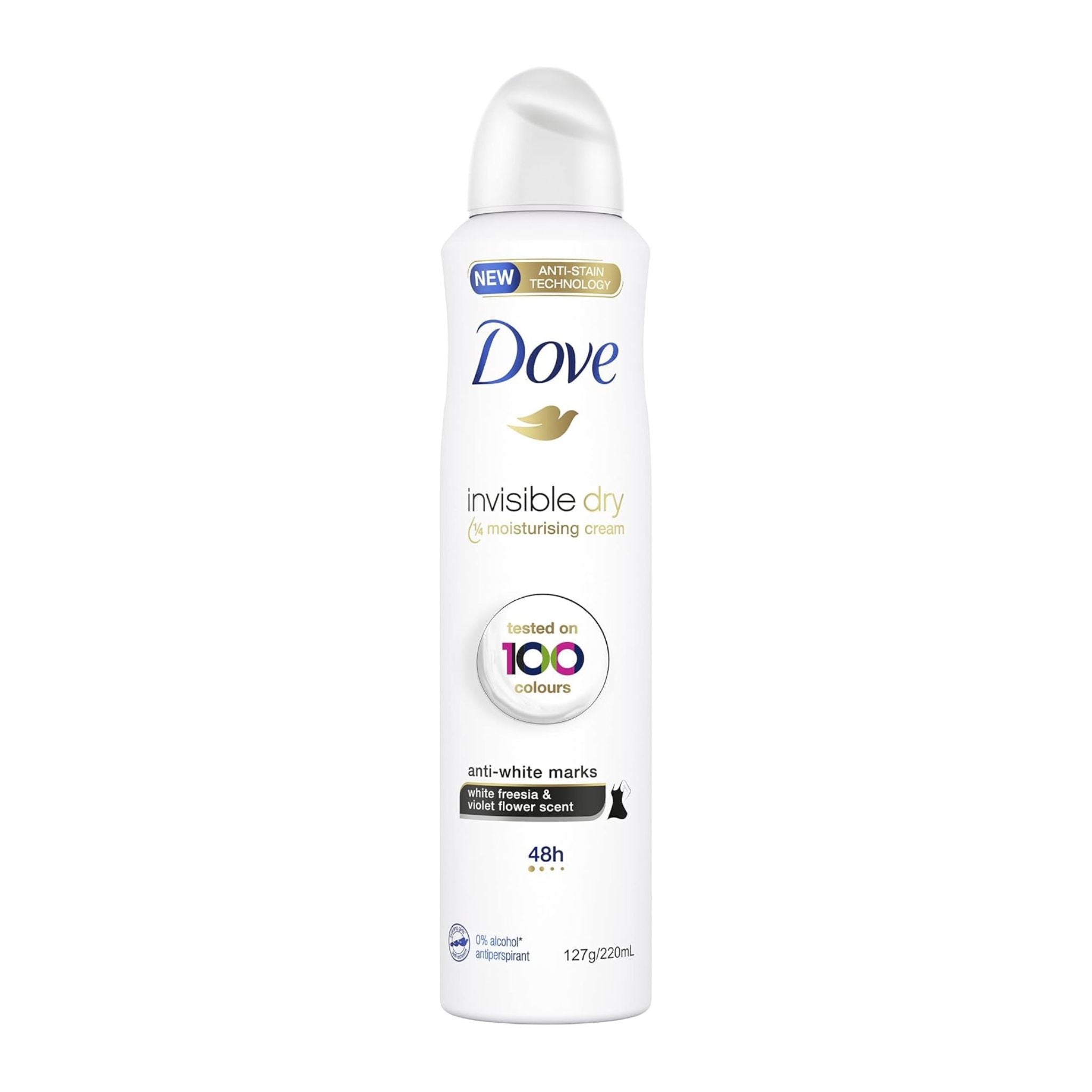 Dove invisible dry deodorant spray bottle on a white background