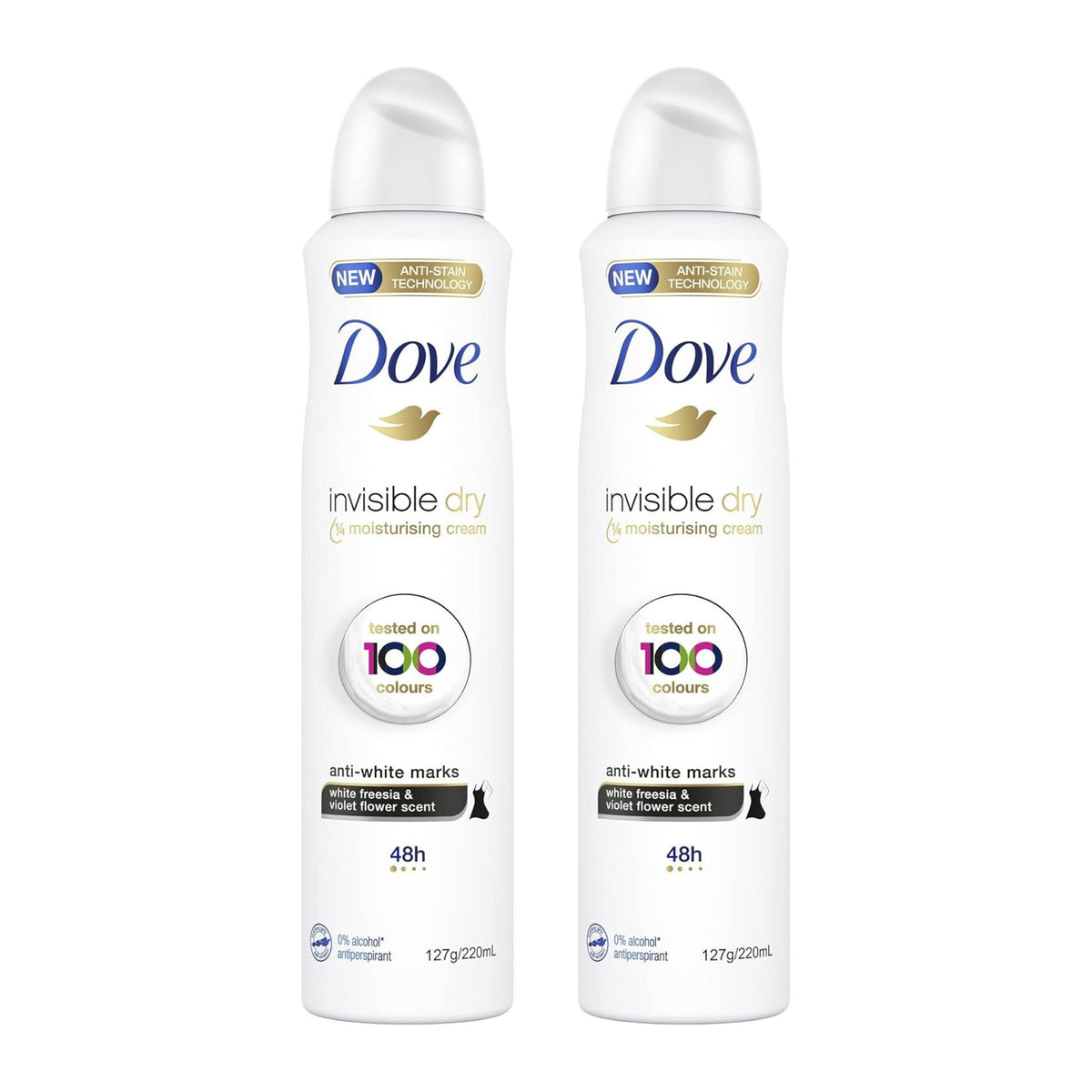 Two bottles of Dove invisible dry antiperspirant on a white background