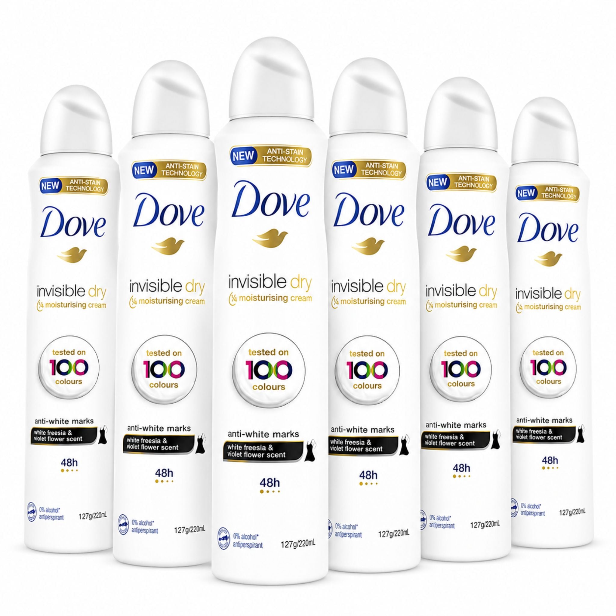 Six bottles of Dove invisible dry antiperspirant on a white background