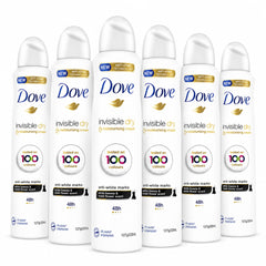 Six bottles of Dove invisible dry antiperspirant on a white background