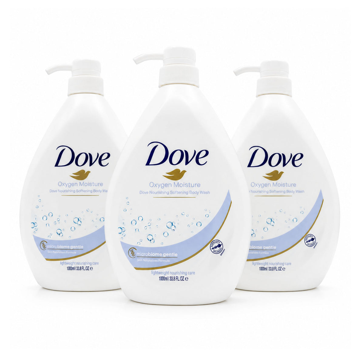 Three white bottles of Dove Pampering Body Wash arranged in a row against a white background, with the center bottle in front and the side bottles slightly behind it.