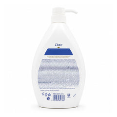 A 500ml white plastic pump bottle of Dove body wash, showing the back label with blue text and a blue accent block on a white background.