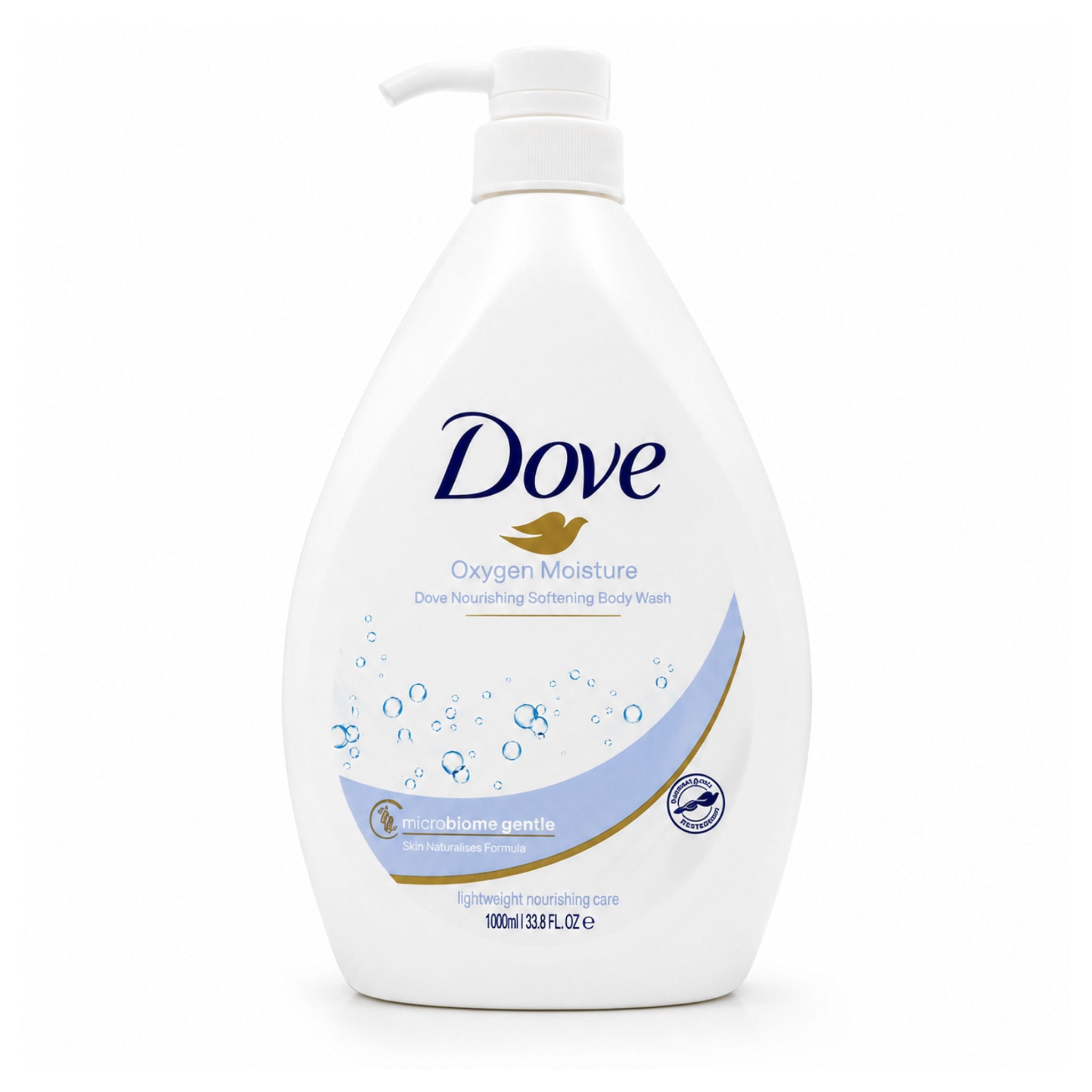 A 1000 ml white bottle of Dove Oxygen Moisture Drue Nourishing Soothing Body Wash with a pump dispenser, shown on a clean white background.