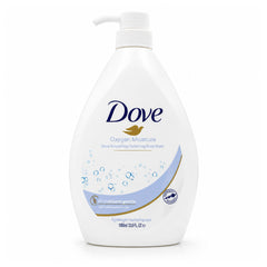 A 1000 ml white bottle of Dove Oxygen Moisture Drue Nourishing Soothing Body Wash with a pump dispenser, shown on a clean white background.