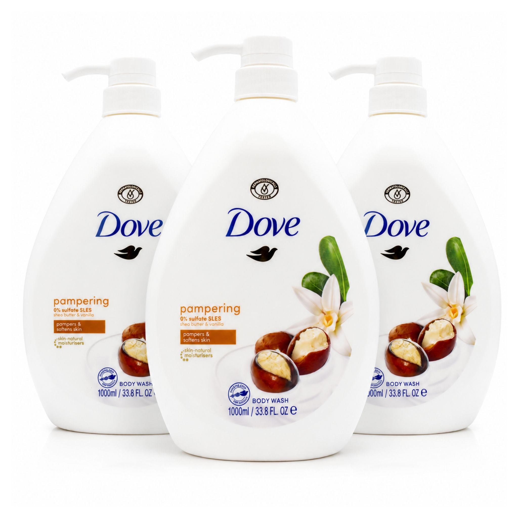 Three bottles of Dove Fresh Touch Refreshing Body Wash arranged in a triangular formation on a white background.