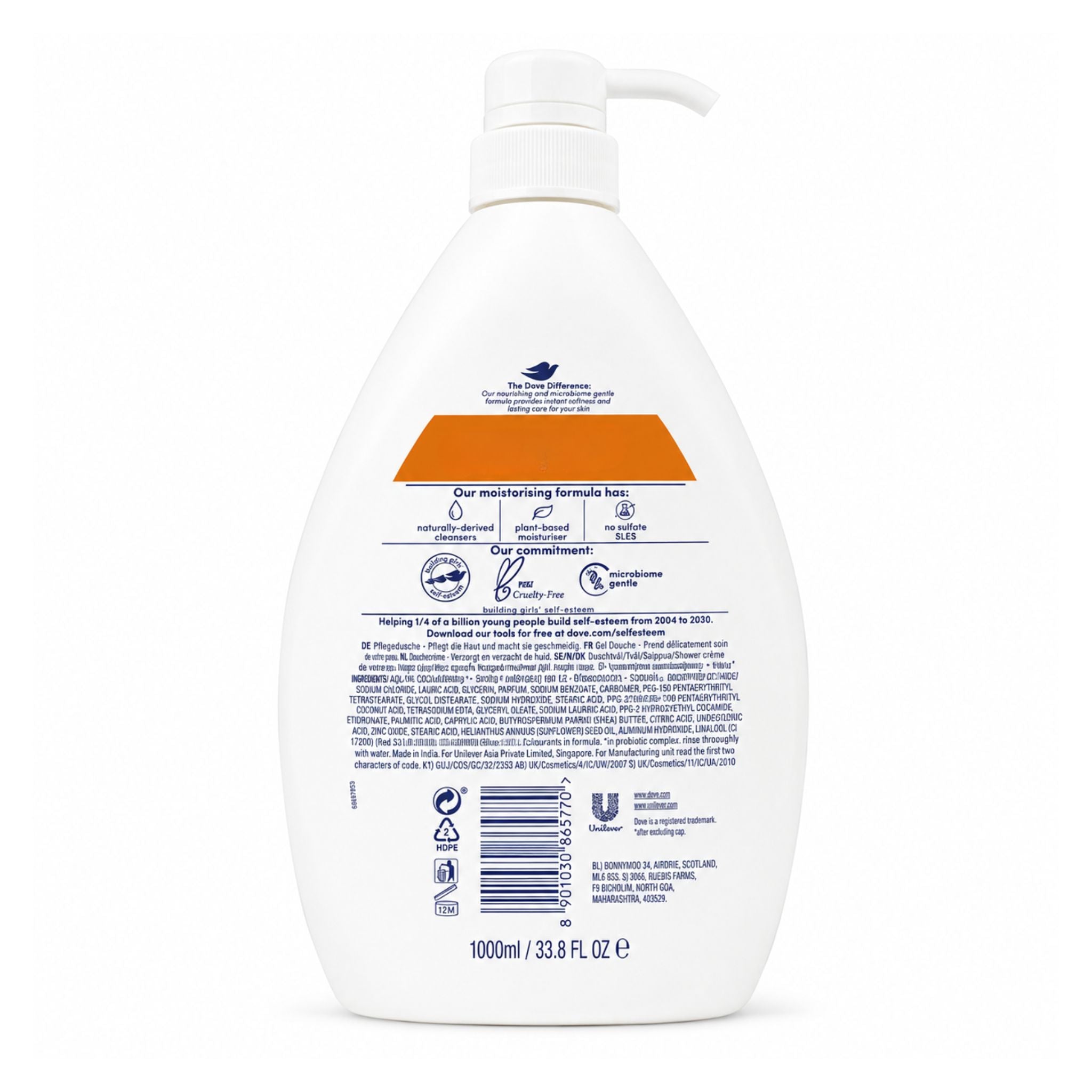 The back of a 1000ml white pump bottle of The Body Shop hair product, featuring blue text, icons, and an orange accent bar, on a white background.