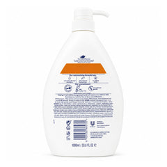 The back of a 1000ml white pump bottle of The Body Shop hair product, featuring blue text, icons, and an orange accent bar, on a white background.