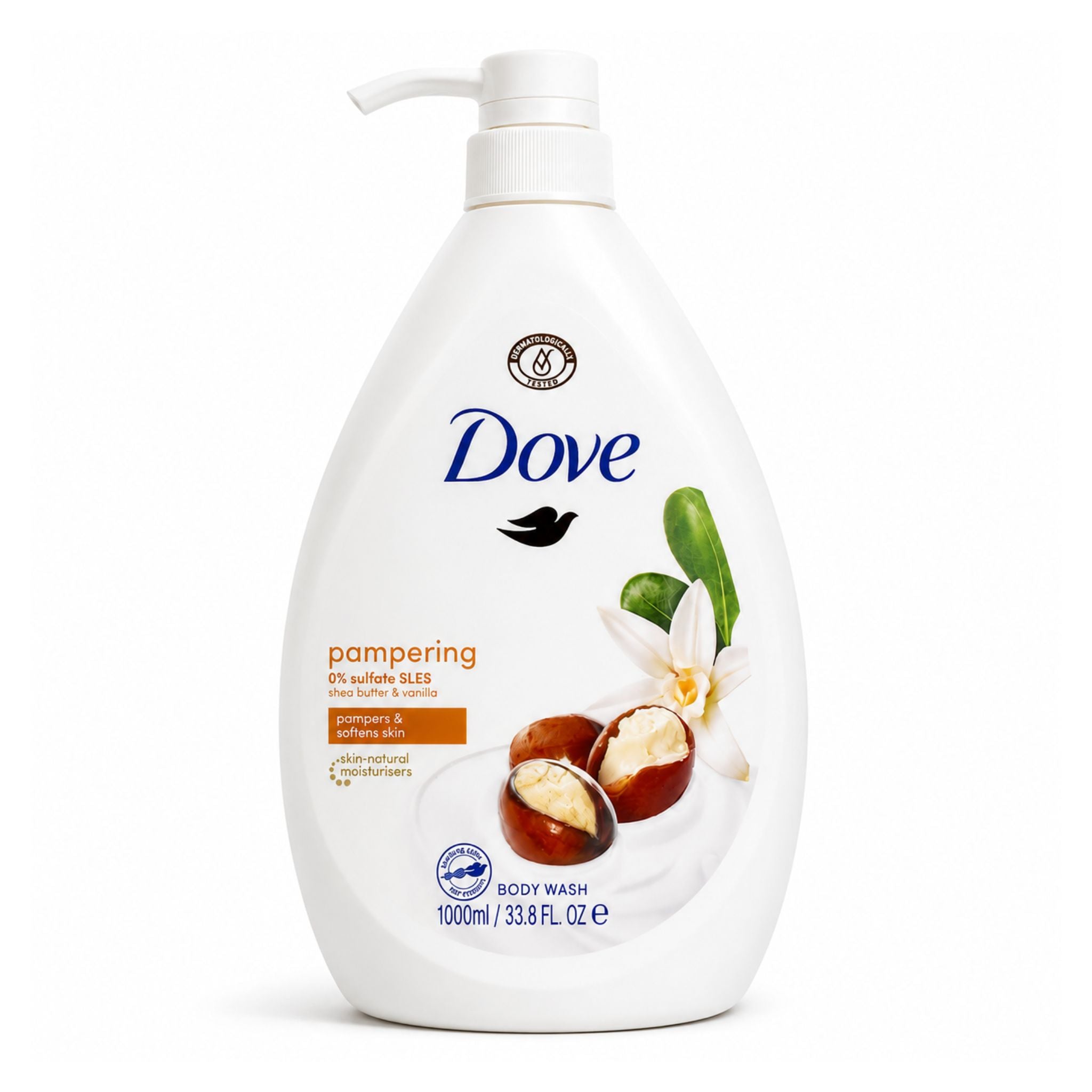 A 1000 ml bottle of Dove Pampering Body Wash, featuring a white pump dispenser with a label showing hazelnuts, a white flower, and green leaves on a white background.