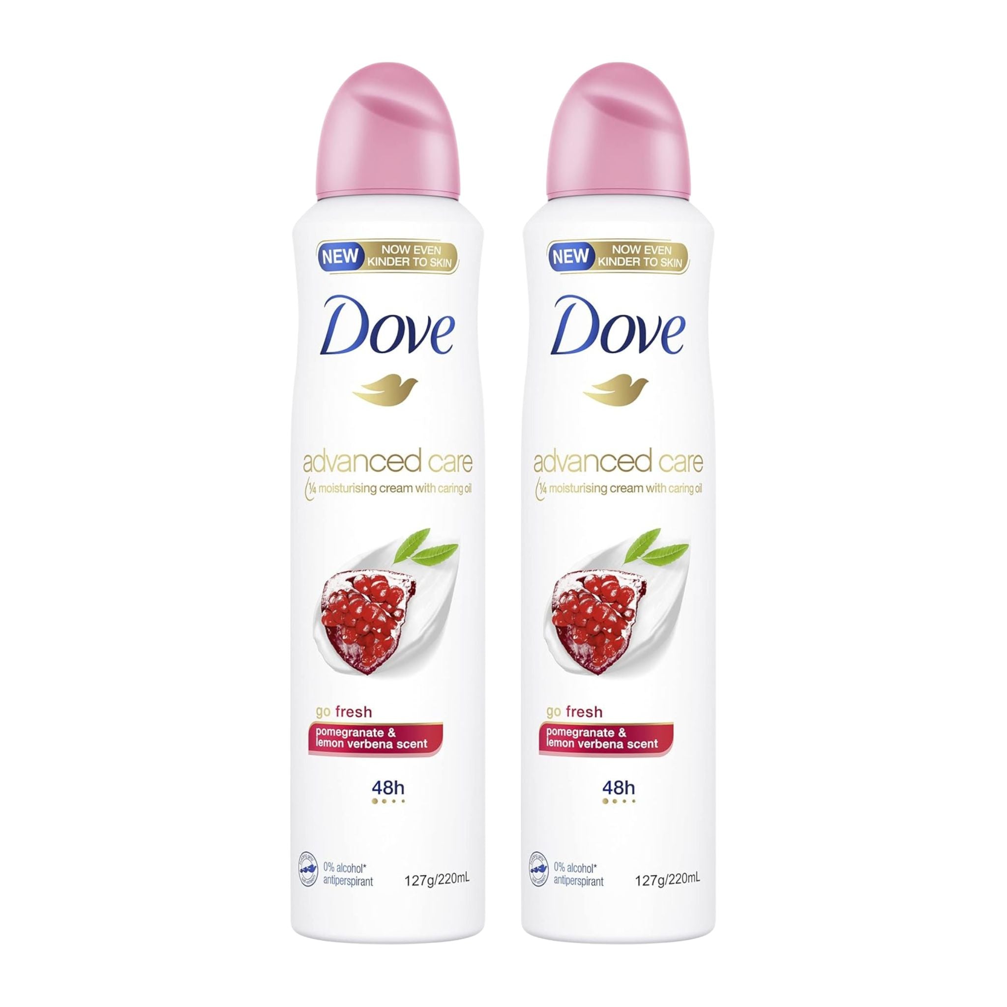 Two bottles of Dove Advanced Care deodorant with pink caps on a white background
