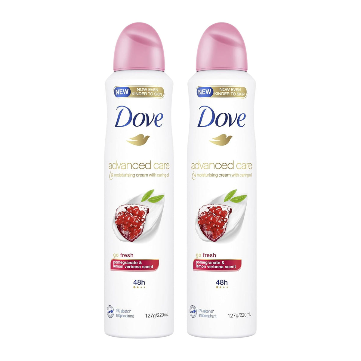 Two bottles of Dove Advanced Care deodorant with pink caps on a white background