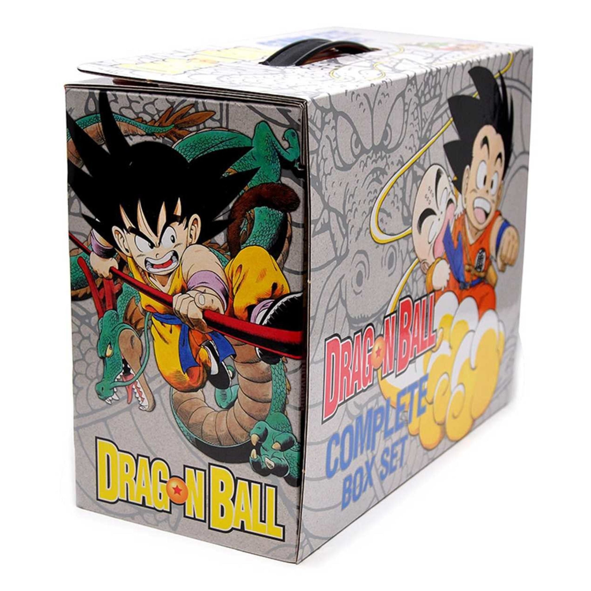 Dragon Ball Complete Box Set packaging featuring colorful anime artwork of Goku and the Dragon Balls on a gray illustrated background, photographed on a white studio background.