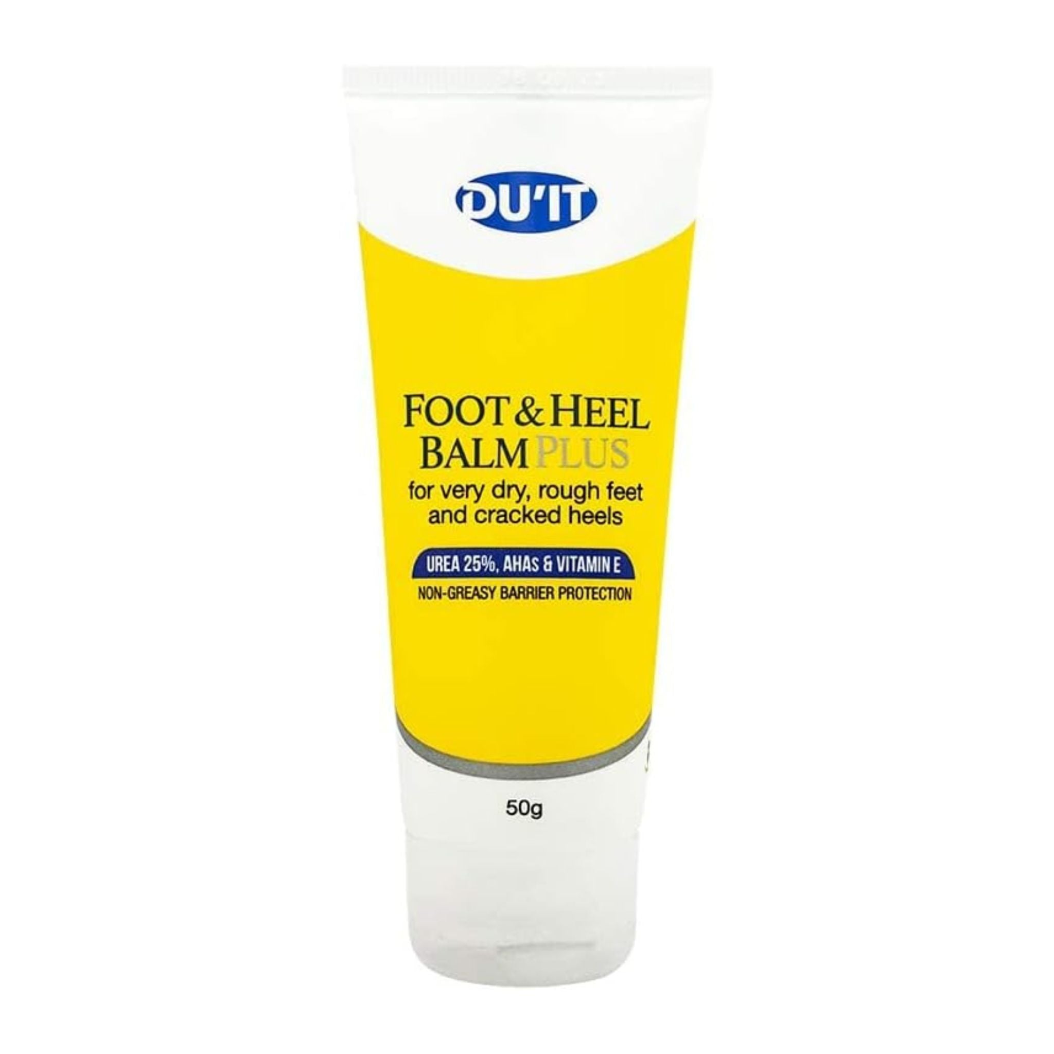 DU'IT Foot & Heel Balm Plus 50g – Front view of tube with yellow and blue design.