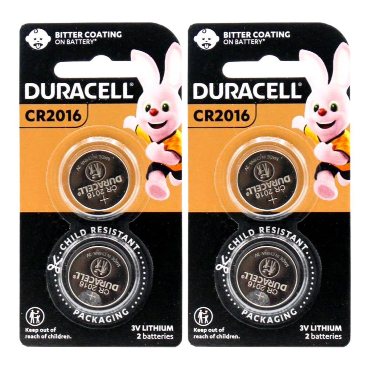 Two Duracell CR2016 child-resistant lithium button batteries in their original blister packaging, featuring the Duracell bunny mascot on a black and orange card.