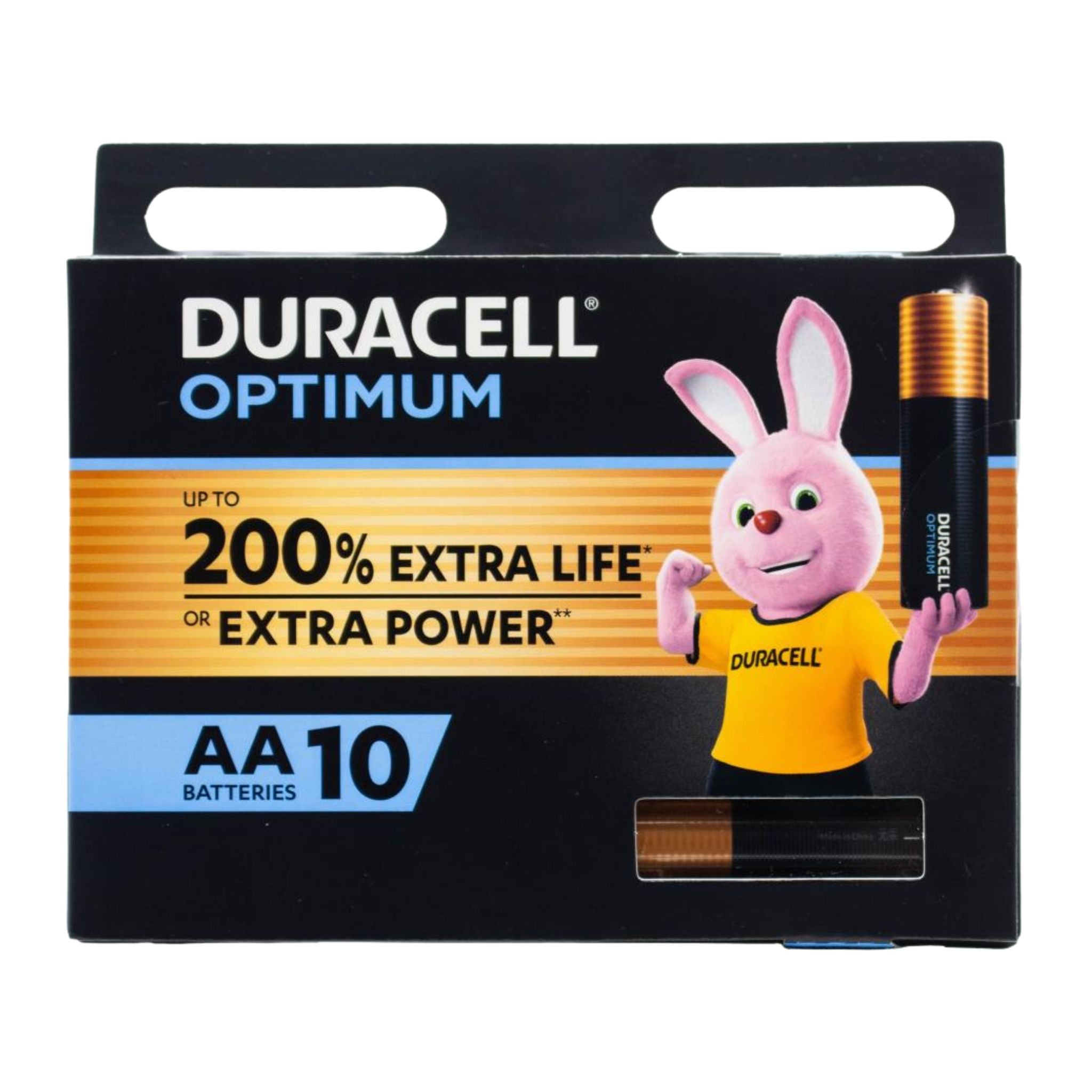 Pack of Duracell Optimum AA batteries with a cartoon rabbit character on a white background