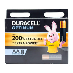 Duracell Optimum AA batteries packaging with a cartoon rabbit character on a white background
