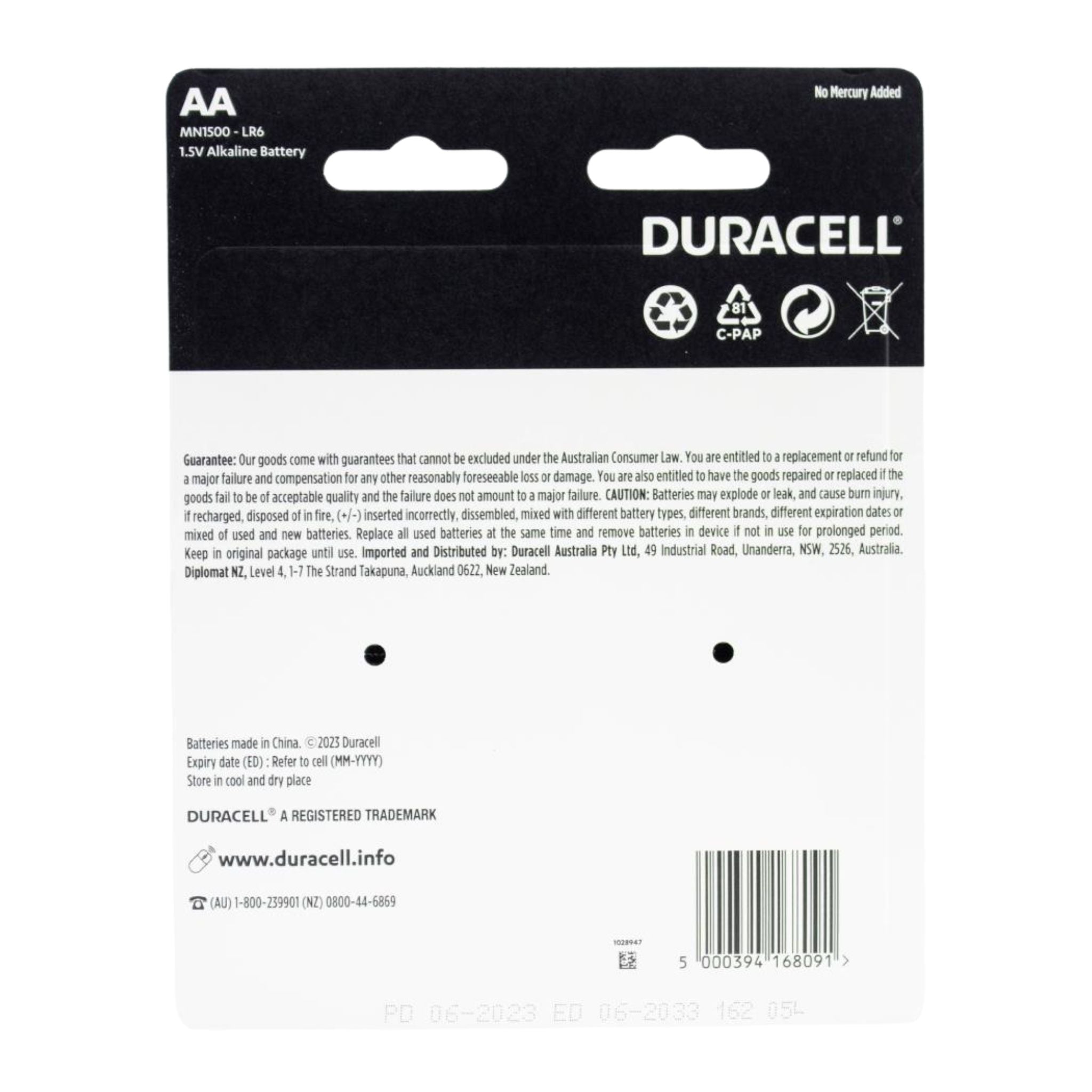 Duracell AA battery packaging with branding and product details.
