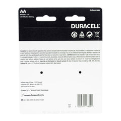 Duracell AA battery packaging with branding and product details.