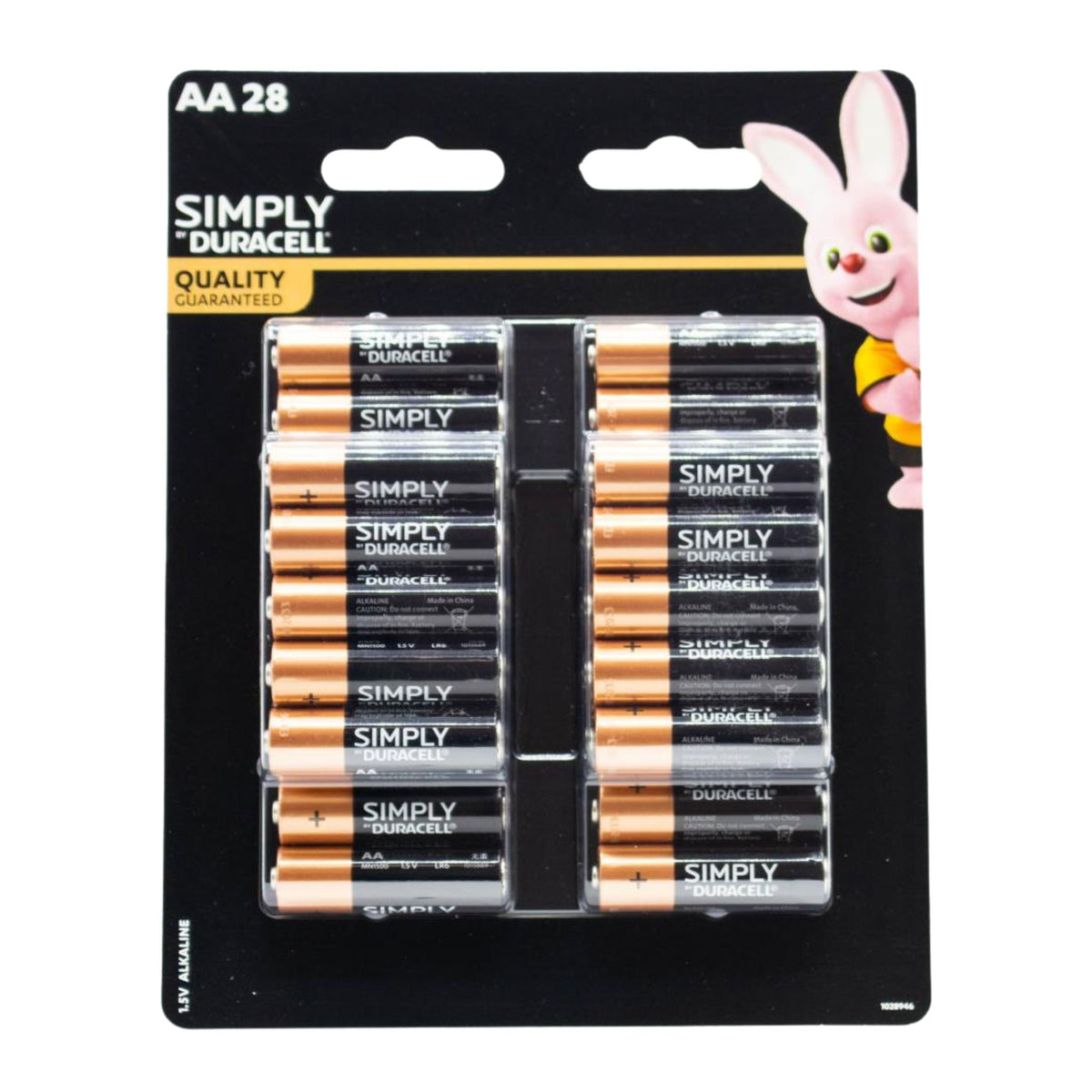 Pack of Duracell batteries with a cartoon bunny character on a black background