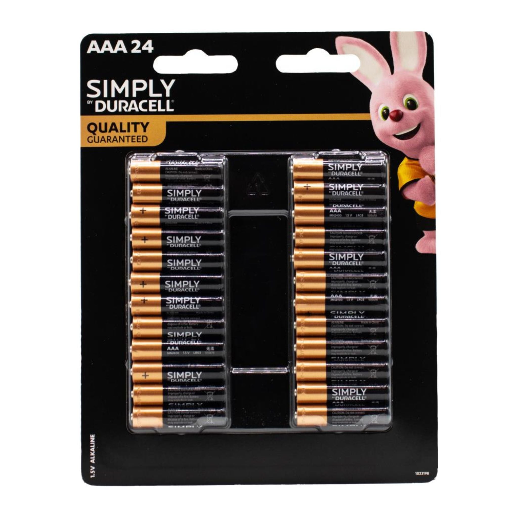 Pack of Duracell AAA batteries with a cartoon bunny character on a white background