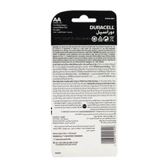 Back view of Duracell AA battery packaging with text and branding.