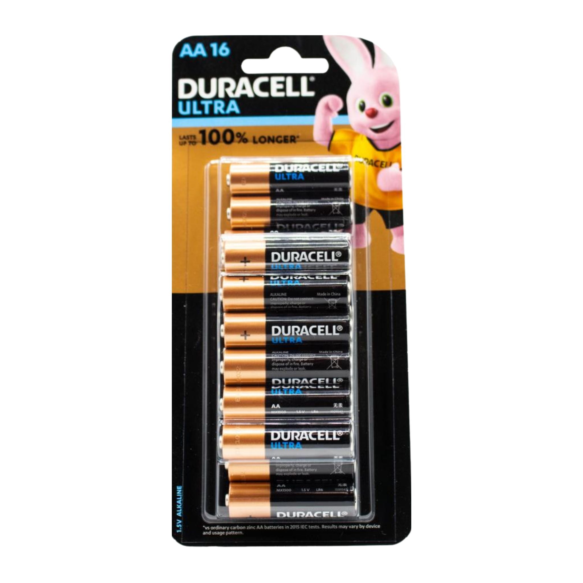 Pack of Duracell Ultra batteries with a cartoon character on a white background
