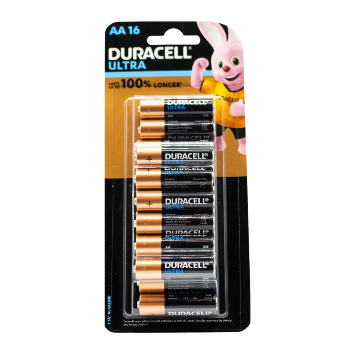 Pack of Duracell Ultra batteries with a cartoon character on a white background